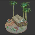 Wooden Cabin with Palm Trees on Coastal Beach Featuring Small Boat and Colorful Umbrella