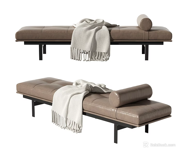 Brown Leather Ottoman With Black Legs White Blanket And Roll Pillow On Top 3d model 
