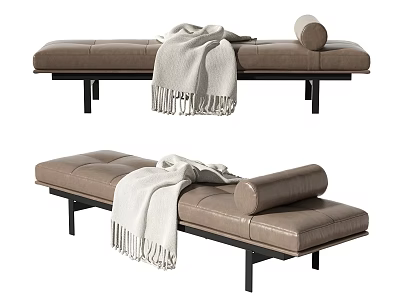 Brown Leather Ottoman With Black Legs White Blanket And Roll Pillow On Top 3d model