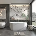 Luxurious Modern Bathroom Interior With Freestanding Bathtub Marble Wall Potted Plant And Natural Light