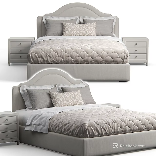 Double Bed With Arched Headboard Quilted Bedspread Patterned Pillows And Bedside Tables 3d model