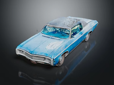 Old Blue Classic Car With Weathered Body And Rustic Roof On Dark Background 3d model