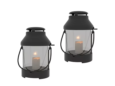 Decorative Black Lanterns With Lit Candles Glass Panels And Metal Frames 3d model