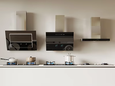 Modern Kitchen Hoods And Stoves With Different Designs And Cooking Pots 3d model