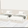 Single Beds With Wooden Headboard White Bedding Dark Throw Blankets Table Lamps And Geometric Rug