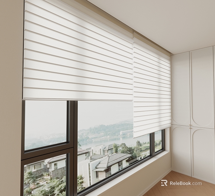White Roman Blinds in Modern Room Window with Elegant Interior and Outdoor View 3d model 