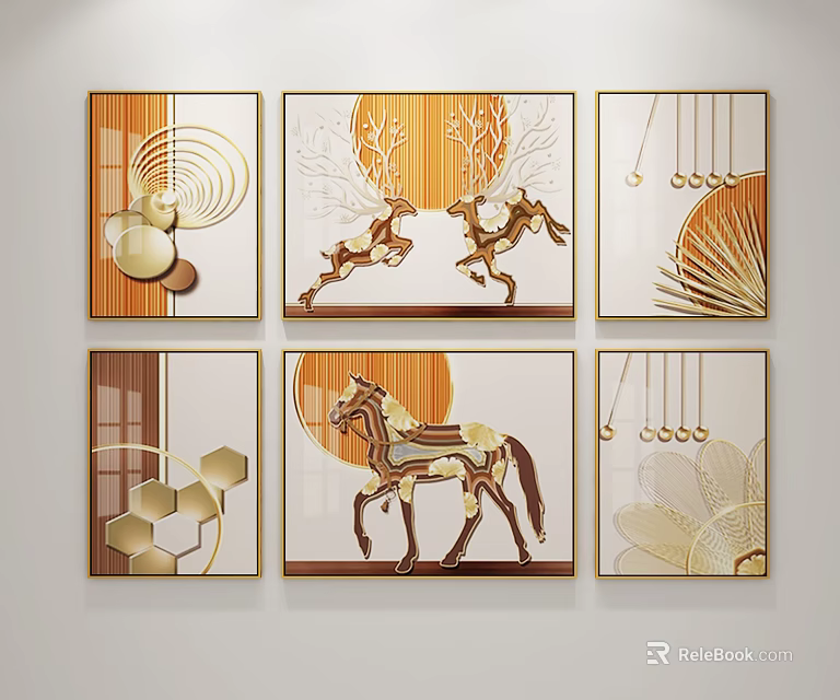 Modern Decorative Wall Art With Gold Elements Deer Horse And Geometric Motifs 3d model 