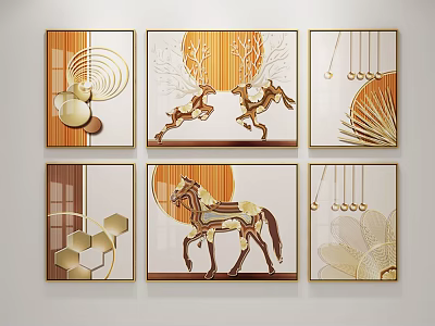 Modern Decorative Wall Art With Gold Elements Deer Horse And Geometric Motifs 3d model