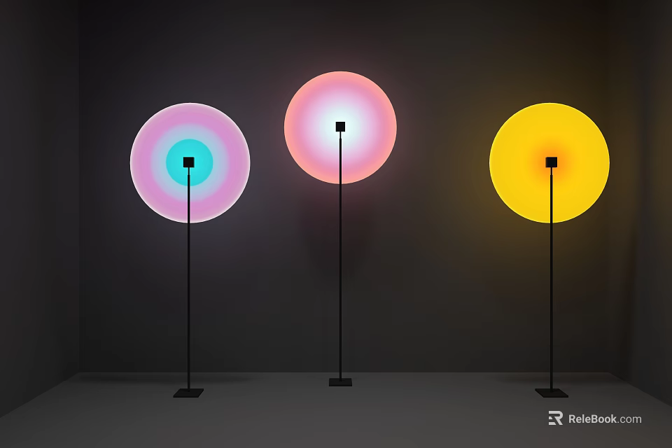 Floor Lamps With Colorful Circular Shades In Dark Room Soft Lighting 3d model 