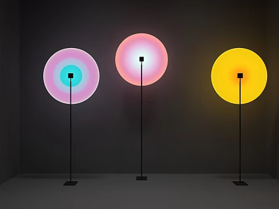Floor Lamps With Colorful Circular Shades In Dark Room Soft Lighting 3d model