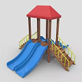 Playground Equipment With Red Roof Wooden Structure Blue Double Slides And Yellow Railings