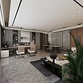 Modern Front Desk Reception With Marble Countertop Two Computers Green Plant Gray Wooden Background Wall