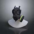 Military Black Gas Mask As Weapon Equipment With Colorful Stripe Filter Canister On Mannequin