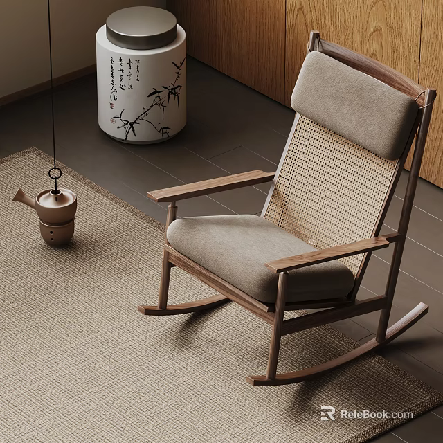 Natural Wooden Rocking Chair With Woven Backrest Light Gray Cushion And Ceramic Decor On Rug 3d model 