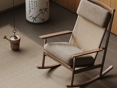 Natural Wooden Rocking Chair With Woven Backrest Light Gray Cushion And Ceramic Decor On Rug 3d model