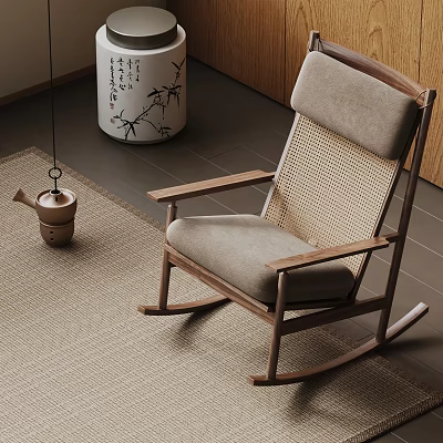Natural Wooden Rocking Chair With Woven Backrest Light Gray Cushion And Ceramic Decor On Rug 3d model