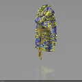 Vibrant Long Sleeve Yellow Blue Printed Coat With Waist Belt And Fringe Detail