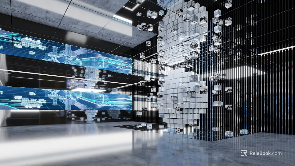 Modern Contemporary Interior Space With Geometric Cube Decor Digital Screens And Lighting Design 3d model 