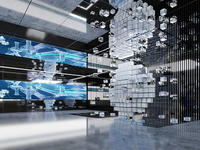 Modern Contemporary Interior Space With Geometric Cube Decor Digital Screens And Lighting Design 3d model