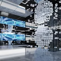 Modern Contemporary Interior Space With Geometric Cube Decor Digital Screens And Lighting Design