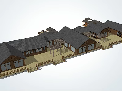 Traditional Urban Architectural Complex With Wooden Structures Black Tiled Roofs And Open Terraces 3d model