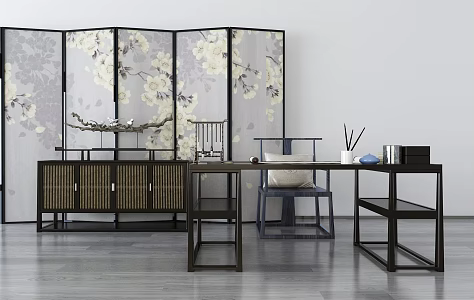 New Chinese Style Desk and Chair Side Cabinet Desk and Chair 3d model