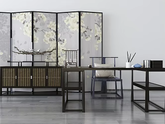 New Chinese Style Desk and Chair Side Cabinet Desk and Chair 3d model