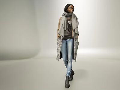 A Woman In Long Coat With Scarf And Jeans Standing In Minimal White Space 3d model