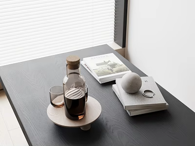 Grey Spherical Inflatable Model Placed on Books with Bottle and Glass on Table 3d model