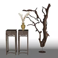 Traditional Carved Wooden Flower Stands With Yellow Vase And Decorative Tree Branch