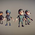 Four 3D Cartoon Men Soldiers Characters Standing In Different Military Uniforms