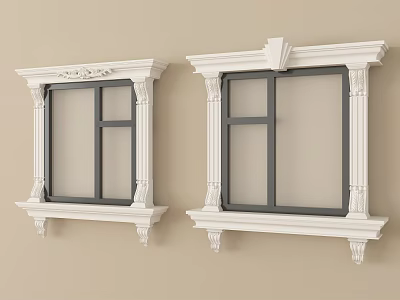 Elegant Classic Casement Windows With White Frames Detailed Carvings Columns And Sills 3d model