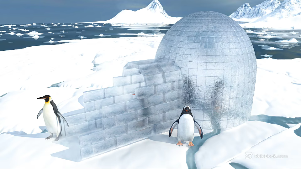 Penguins Near Ice Brick Igloo In Snowy Arctic Landscape With Mountains 3d model 