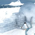 Penguins Near Ice Brick Igloo In Snowy Arctic Landscape With Mountains