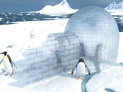 Penguins Near Ice Brick Igloo In Snowy Arctic Landscape With Mountains 3d model