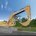 Yellow Crawler Excavator with Boom Arm Grapple Bucket in Green Trees Blue Sky Setting
