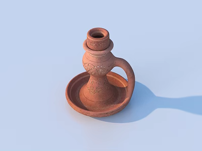 Terracotta Colored Ceramic Candle Holder with Decorative Patterns Handle and Tray Base 3d model