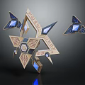 Cosmic Space Geometric Structure With Gold Blue Luminous Components And Intricate Symbols