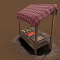 Wooden Market Stall With Red Black Checkered Canopy And Fruit Vegetable Trays