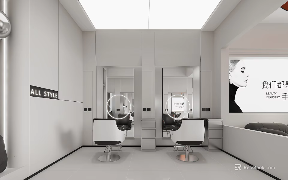 Modern Hair And Beauty Salon White Interior With Mirrors Hairdressing Chairs And ALL STYLE Sign 3d model 