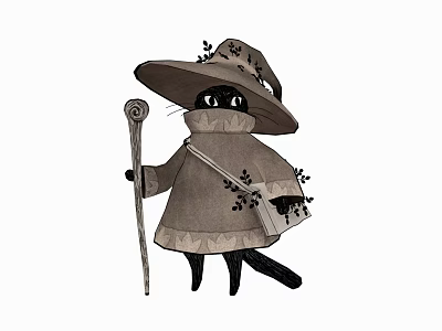 Black Cat Wizard Character With Wide Brimmed Wizard Hat Leaf Decorated Cloak Staff And Satchel 3d model