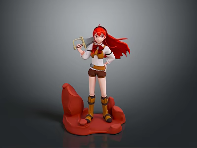 Children's 3D Action Toy Figure With Red Hair Holding Axe Standing On Red Base 3d model
