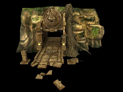Cartoon Ancient Stone Gate Scene With Carved Face Rocky Structure Stone Path Torches And Scattered Stones 3d model