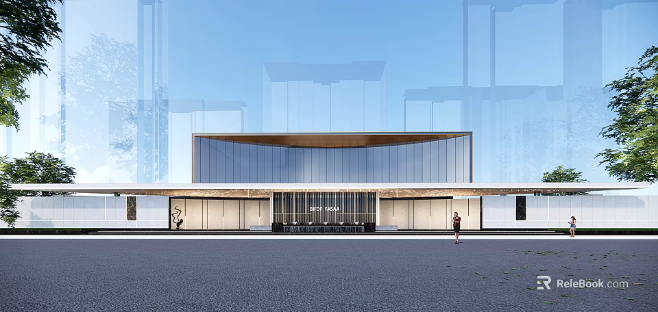 Modern Sales Office Building with Large Glass Curtain Walls Spacious Front Square and High-Rise Background 3d model