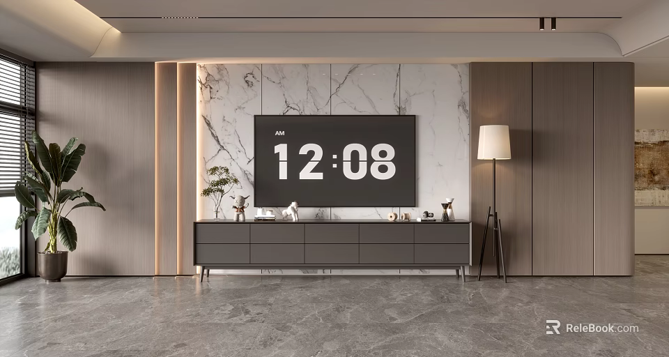 Modern TV Background Wall With Marble Panel Gray TV Cabinet And Floor Lamp 3d model 