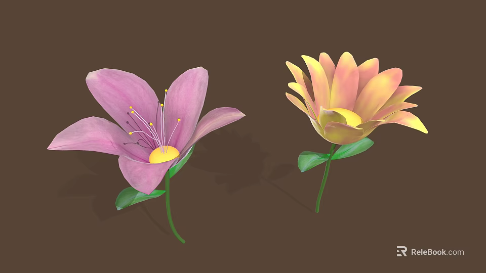 Vibrant Pink And Yellow Flowers With Green Leaves On Brown Background 3d model 