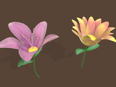 Vibrant Pink And Yellow Flowers With Green Leaves On Brown Background 3d model