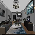 Elegant Living And Dining Room Interior With Open Kitchen Sofa Coffee Table Chandelier And Paintings