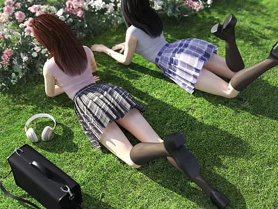 Two Women Lying on Green Grass with Pink Flowers Plaid Skirts Black Bag and Headphones 3d model