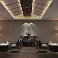 Modern Private Dining Room Interior With Round Table Upholstered Chairs Pendant Lights And Decorative Plants 3d model
